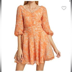 Jonathan Simkhai Chiffon Mini Dress in Orange and Cream, Size Small, NWT